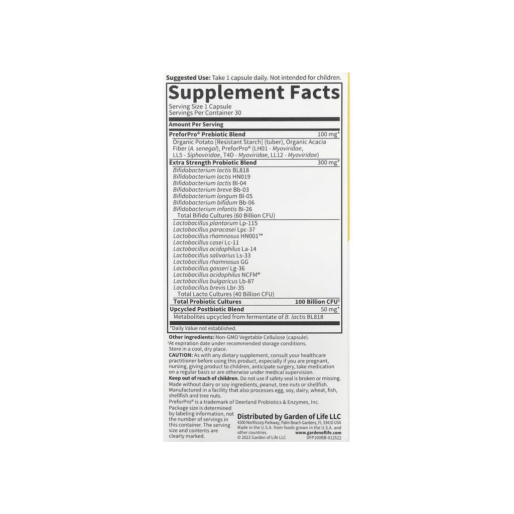 Garden of Life Dr. Formulated Probiotics 100 Billion supplement facts panel with dosage and ingredients