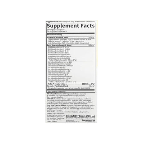 Garden of Life Dr. Formulated Probiotics 100 Billion supplement facts panel with dosage and ingredients