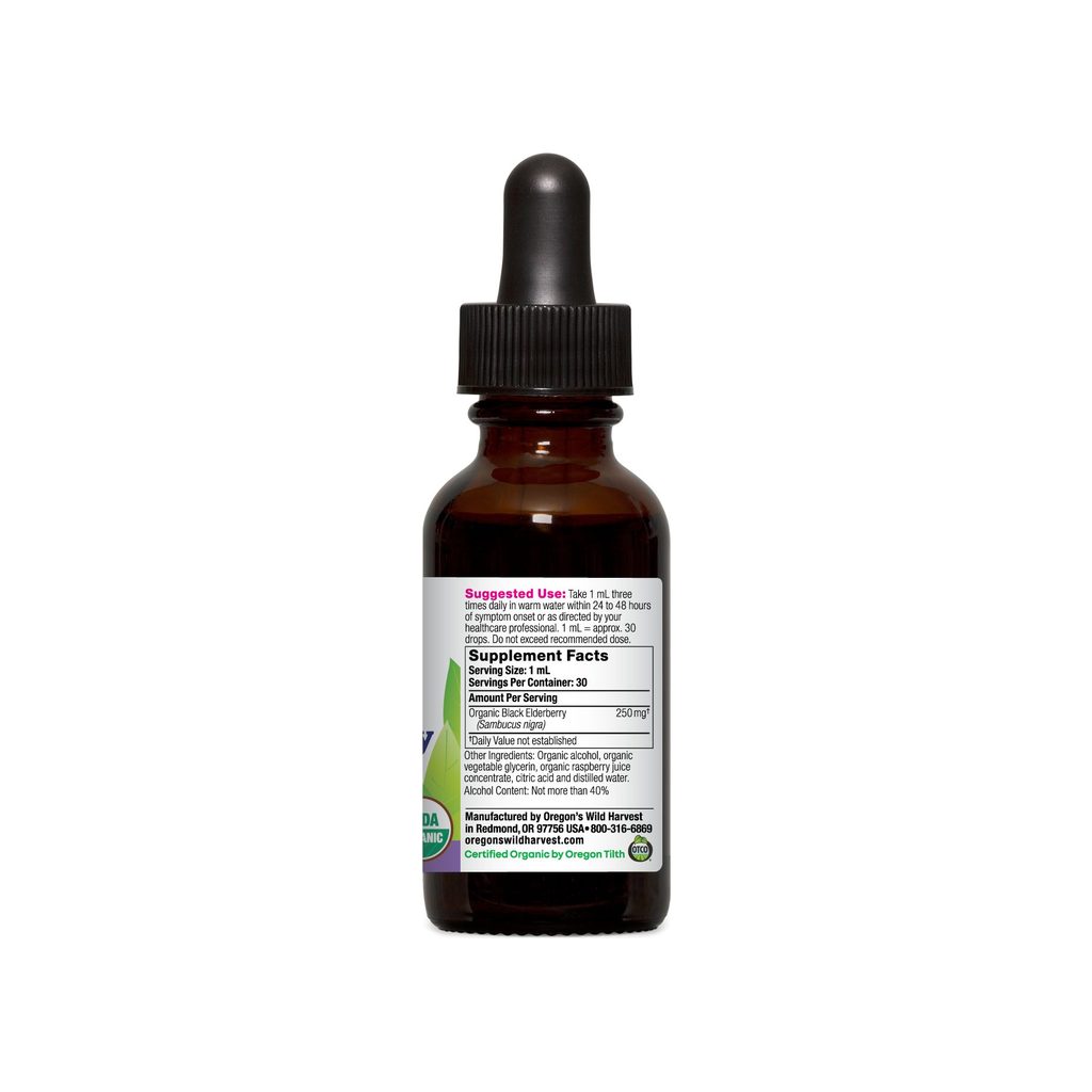 Oregon's Wild Harvest Black Elderberry Elixir supplement facts panel listing ingredients and serving size