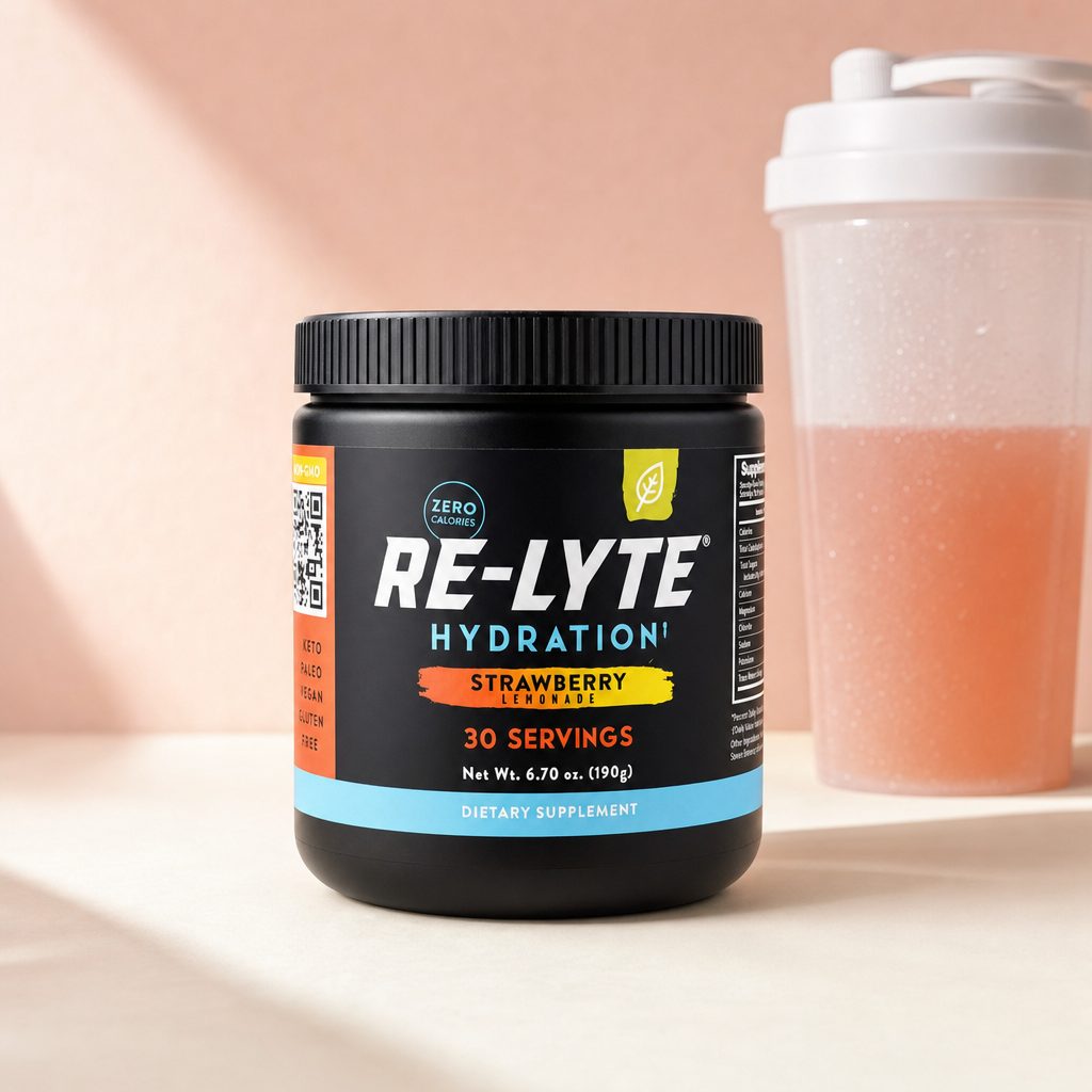 Redmond Re-Lyte Strawberry Lemonade jar with prepared pink mineral drink in a glass