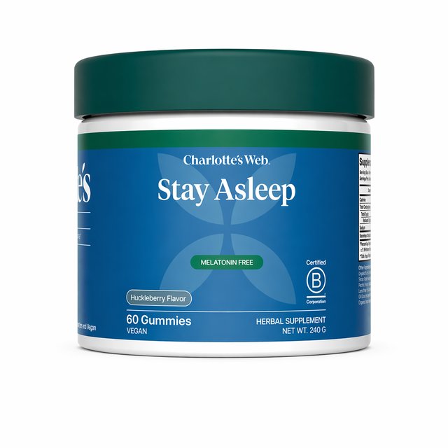 Charlotte’s Web Stay Asleep melatonin-free gummies in huckleberry flavor, 60 vegan gummies, 240g container