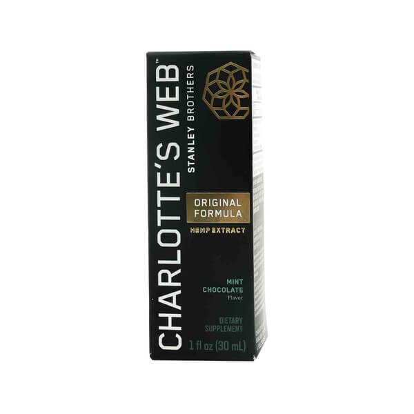 Box of Charlotte’s Web Original Formula Hemp Extract in Mint Chocolate flavor, 1 fl oz (30 mL). The dark green packaging features gold and teal accents, with “Stanley Brothers” branding and “Original Formula” label prominently displayed. Noted as a dietary supplement.