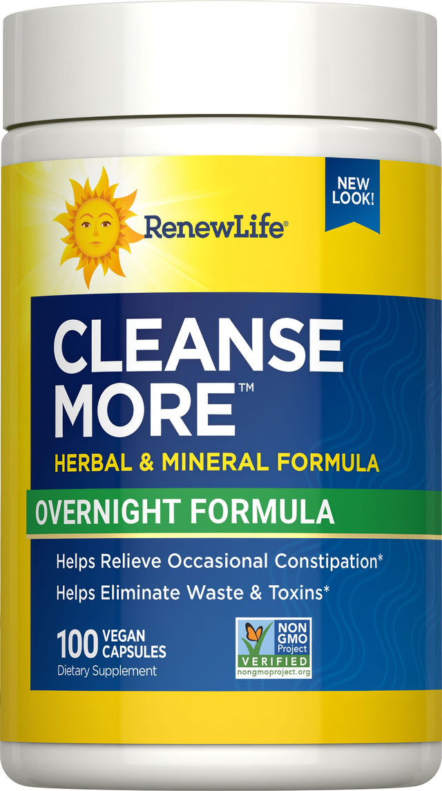 Renew Life Cleanse More™ Overnight Formula Capsules — 100 vegan capsules white bottle, new look