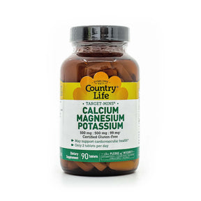 Country Life Calcium Magnesium Potassium 90 tablets amber bottle with yellow and green label, black cap