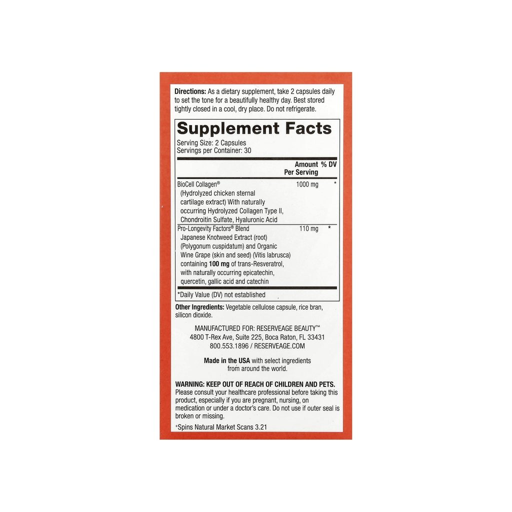 Reserveage Collagen Booster supplement facts panel listing ingredients, dosage, and serving size