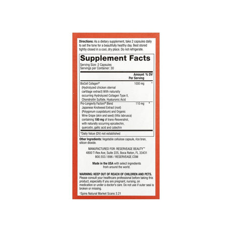 Reserveage Collagen Booster supplement facts panel listing ingredients, dosage, and serving size