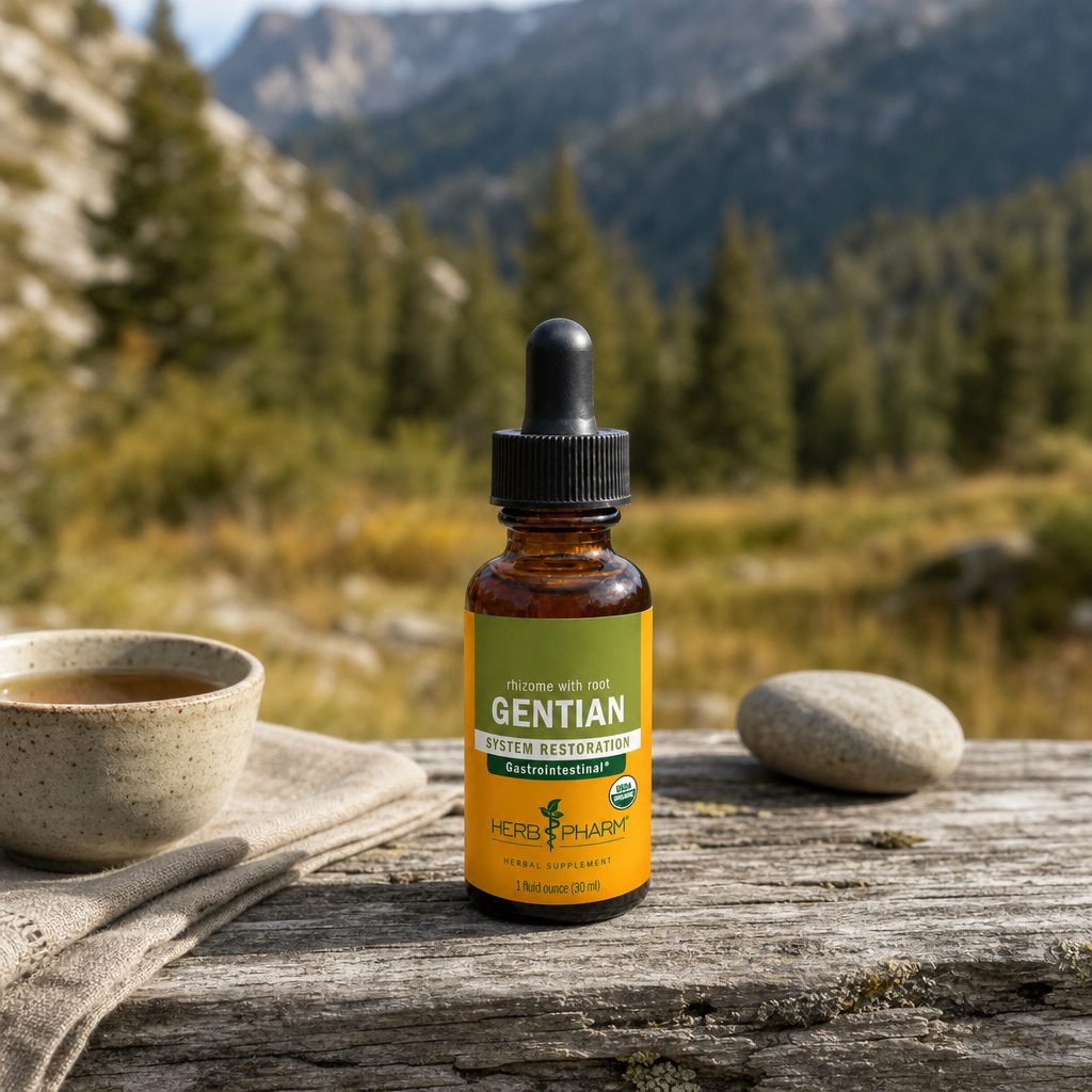Herb Pharm Gentian 1 oz product label with directions, ingredients, and serving details
