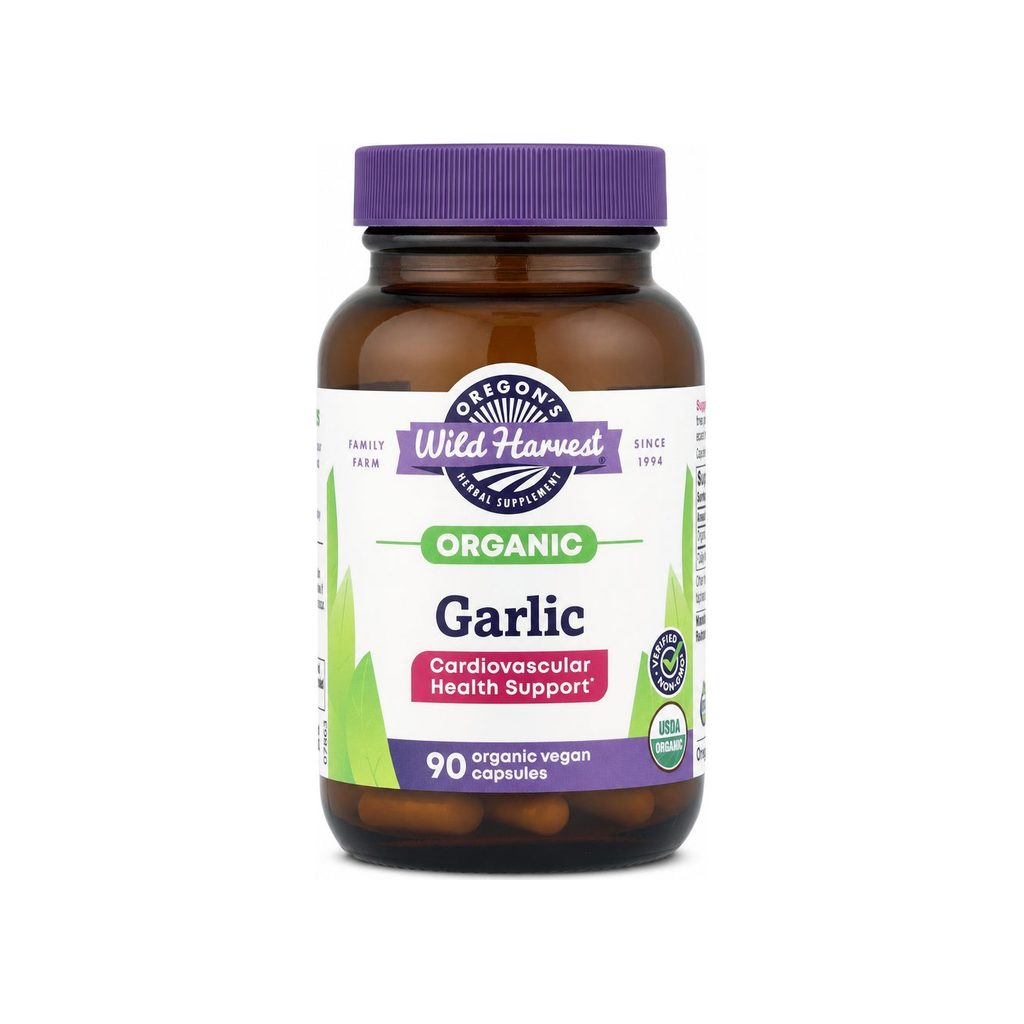 Oregon's Wild Harvest Garlic 90 capsules front bottle with Organic and Non-GMO badges