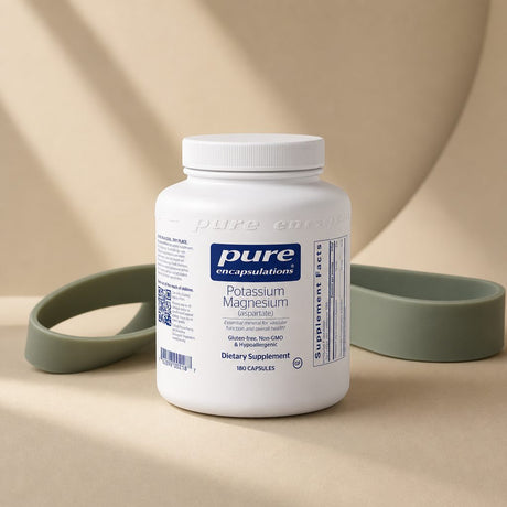 Pure Encapsulations Potassium Magnesium bottle on kitchen counter with capsules and water glass