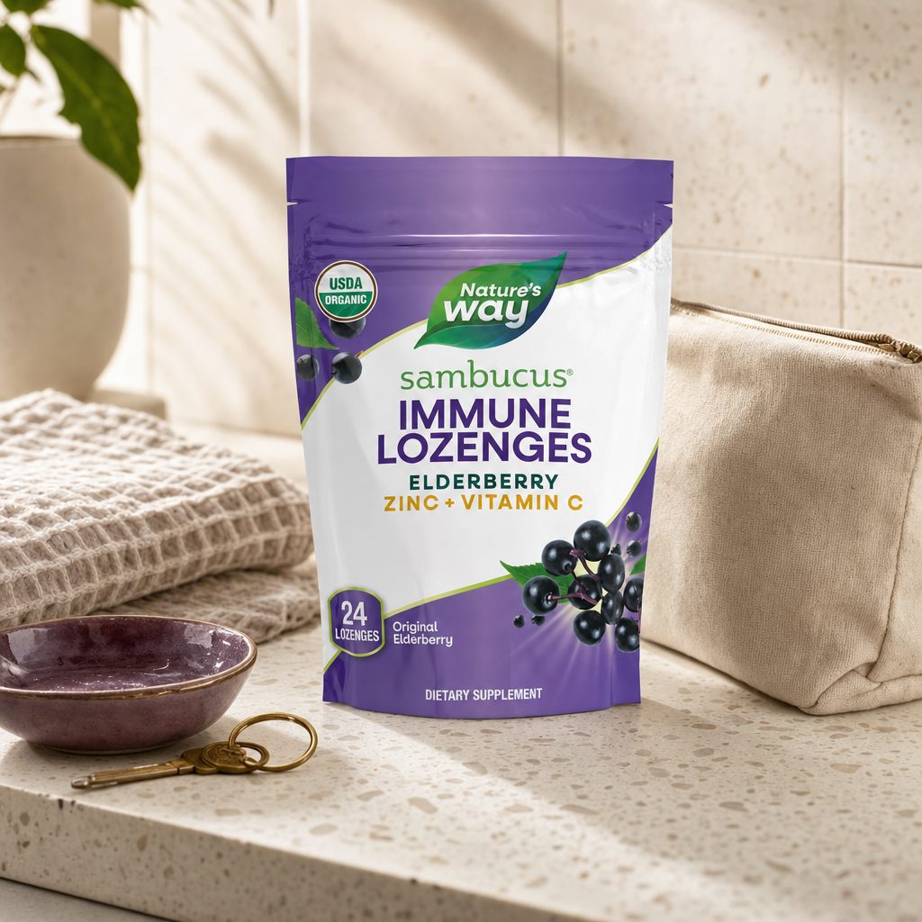 Nature's Way Sambucus Immune Lozenges box showing organic elderberry lozenges and front packaging