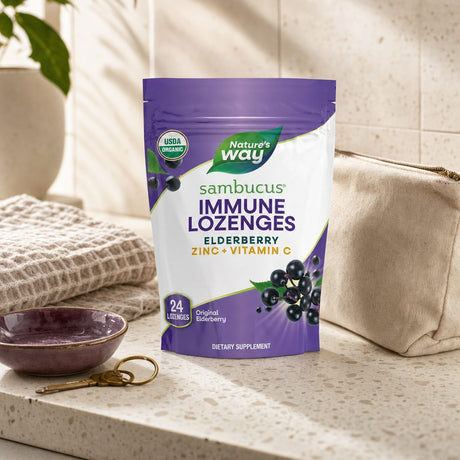 Nature's Way Sambucus Immune Lozenges box showing organic elderberry lozenges and front packaging