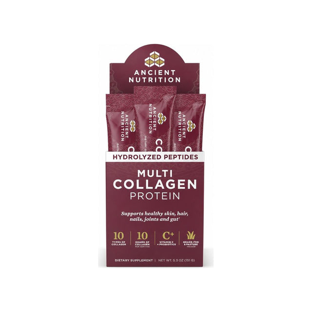 Ancient Nutrition Multi Collagen Protein Pure Powder Sticks 15-count package with individual packets