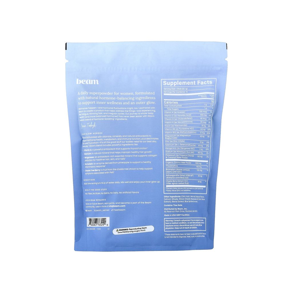 Beam Glow Blue Raspberry supplement facts panel listing ingredients, dosage, and serving size