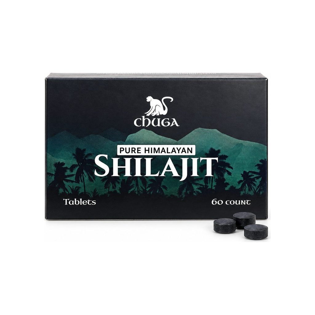Chuga Pure Himalayan Shilajit Tablets 60-count box with three tablets in front