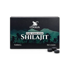 Chuga Pure Himalayan Shilajit Tablets 60-count box with three tablets in front
