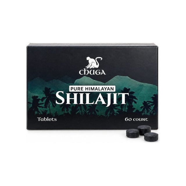 Chuga Pure Himalayan Shilajit Tablets 60-count box with three tablets in front