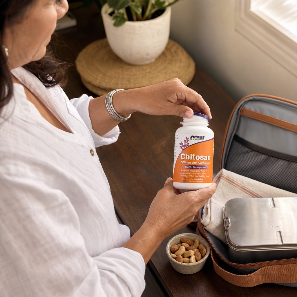 NOW Foods Chitosan 500 mg plus Chromium bottle with label details and 240 capsule count