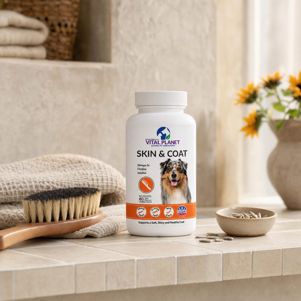 Vital Planet Skin & Coat Chewable Tablets with dog lifestyle scene