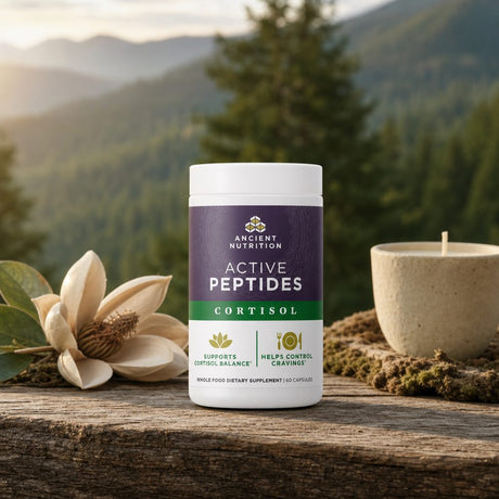 Ancient Nutrition Active Peptides Cortisol Support bottle displayed in a calm home wellness setting