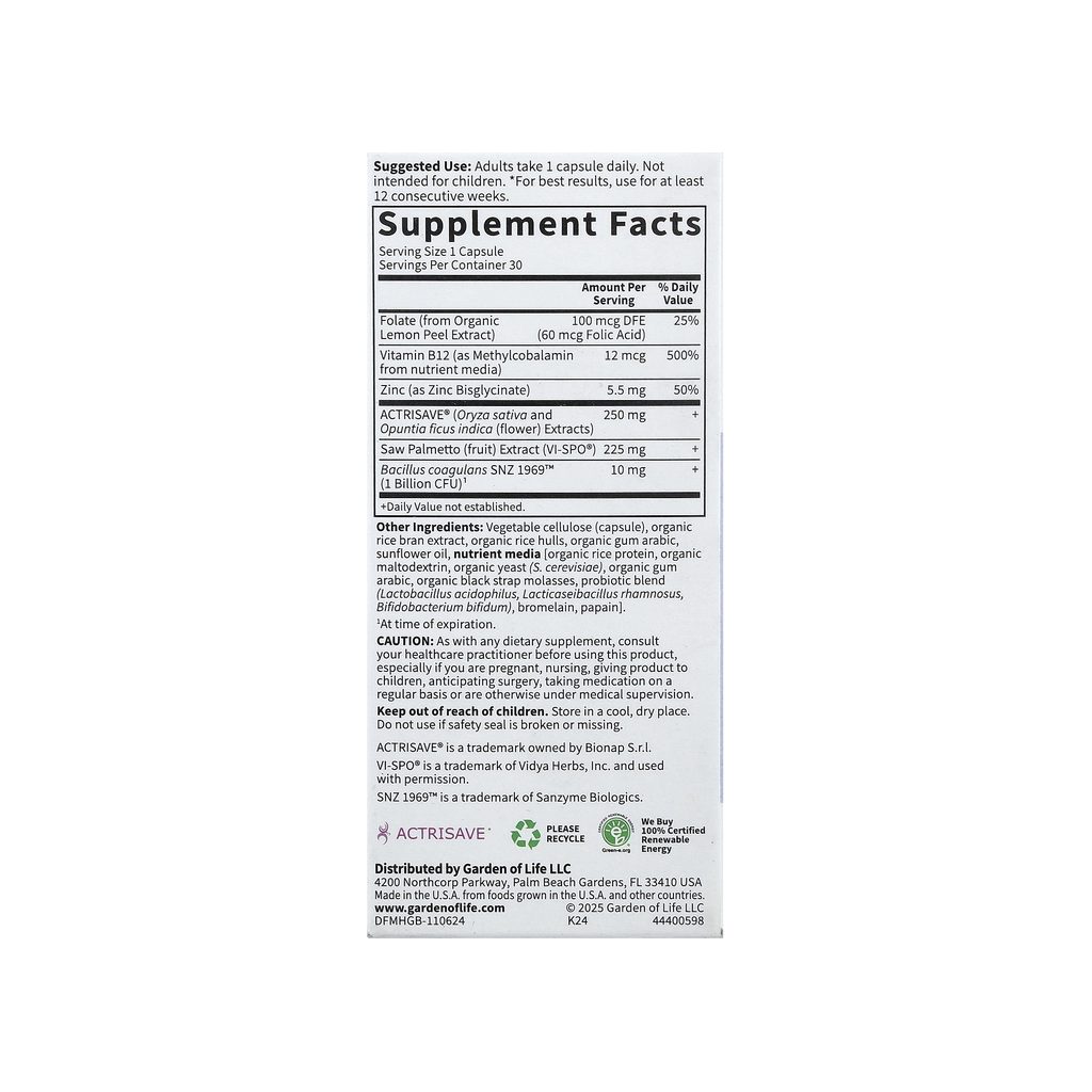 Garden of Life Dr. Formulated Hair Growth for Men supplement facts panel listing ingredients and serving size