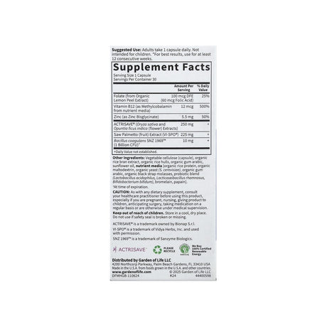 Garden of Life Dr. Formulated Hair Growth for Men supplement facts panel listing ingredients and serving size