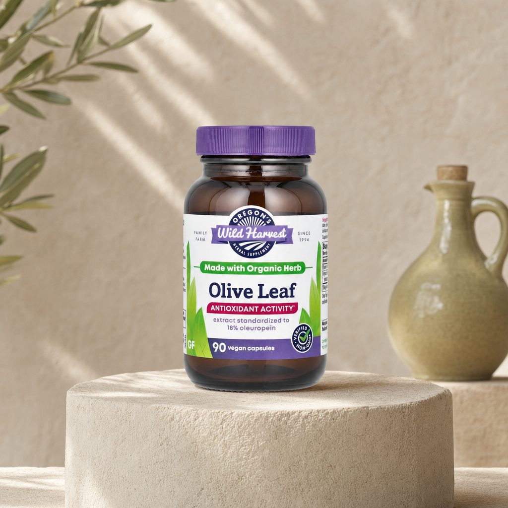 Oregon's Wild Harvest Olive Leaf 90 capsules bottle side panel with supplement facts