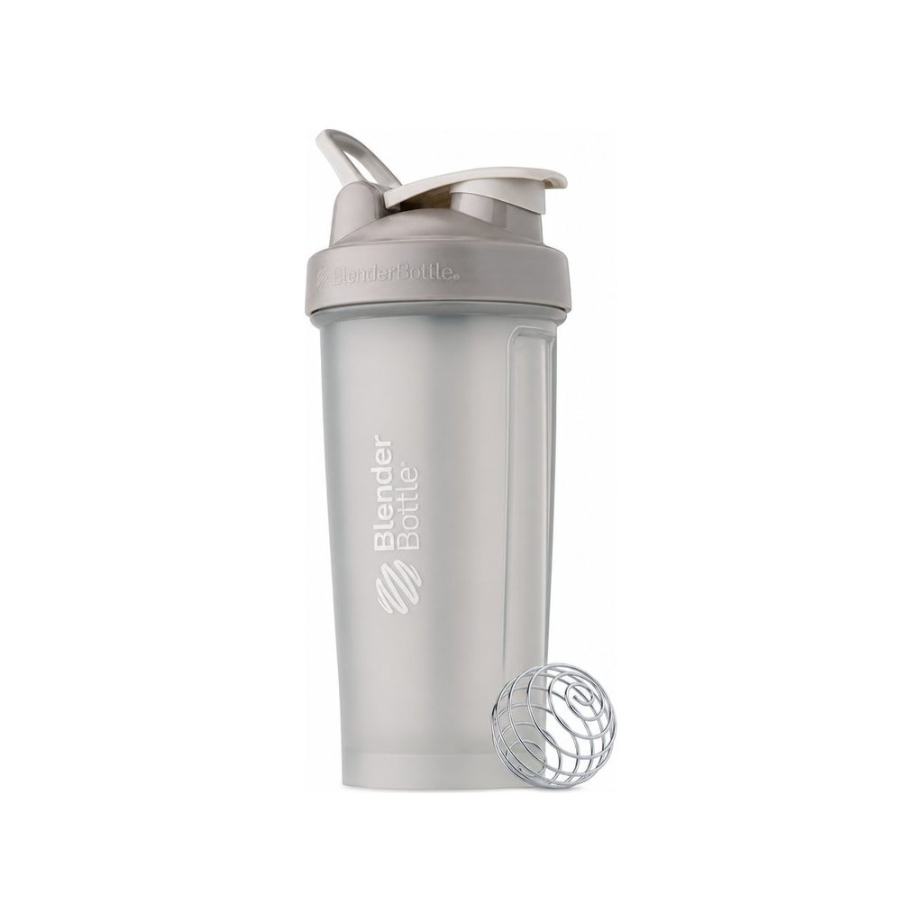 BlenderBottle Classic 28oz Pebble Grey shaker bottle with flip cap and carry loop