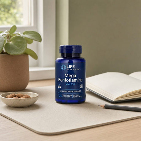 Life Extension Mega Benfotiamine 250 mg bottle displayed with daily supplement routine