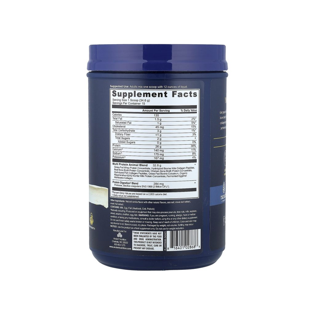 Ancient Nutrition Multi Protein Powder Vanilla supplement facts panel listing ingredients and serving size
