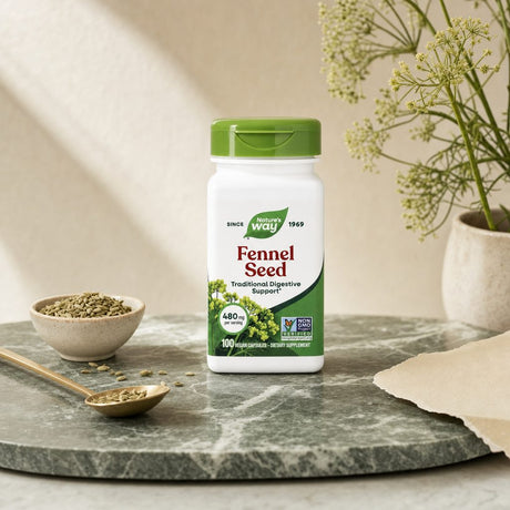 Nature's Way Fennel Seed bottle showing Non GMO Project Verified and vegan capsule callouts