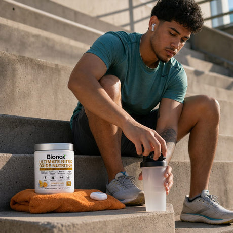 Woman preparing Bionox CardioGO Citrus Splash drink mix in a shaker bottle