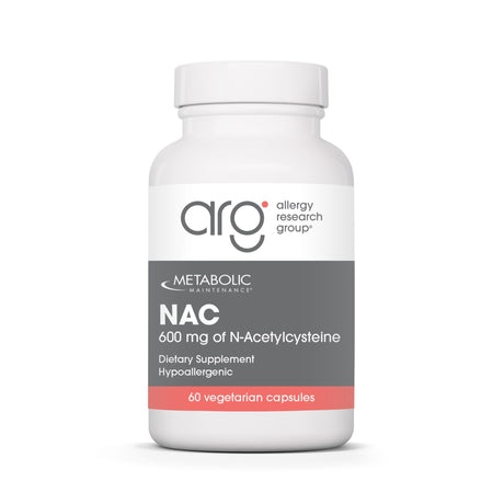 Metabolic Maintenance NAC 600 mg 60 vegetarian capsules, white bottle with gray and coral Allergy Research Group label