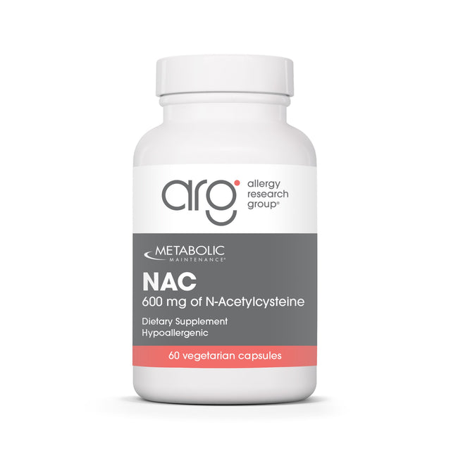 Metabolic Maintenance NAC 600 mg 60 vegetarian capsules, white bottle with gray and coral Allergy Research Group label
