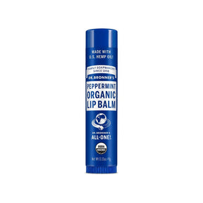 Dr. Bronner's Organic Lip Balm Peppermint tube with green label on white background
