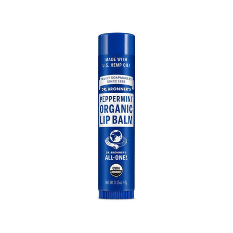 Dr. Bronner's Organic Lip Balm Peppermint tube with green label on white background