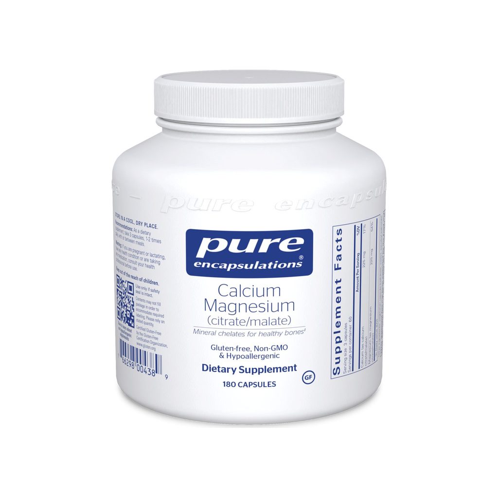 Pure Encapsulations Calcium Magnesium supplement facts panel listing ingredients and serving size