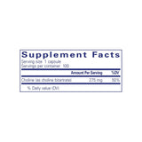 Pure Encapsulations Choline supplement facts panel listing ingredients, dosage, and serving size