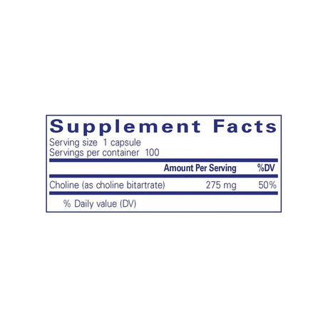 Pure Encapsulations Choline supplement facts panel listing ingredients, dosage, and serving size