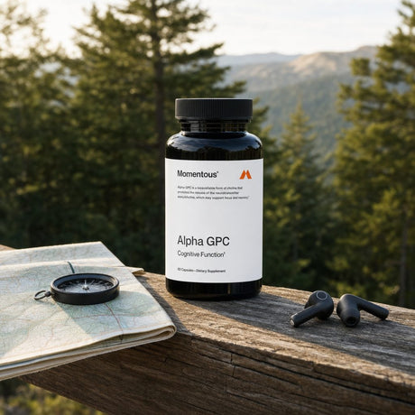Momentous Alpha GPC Capsules benefits graphic with icons and bottle