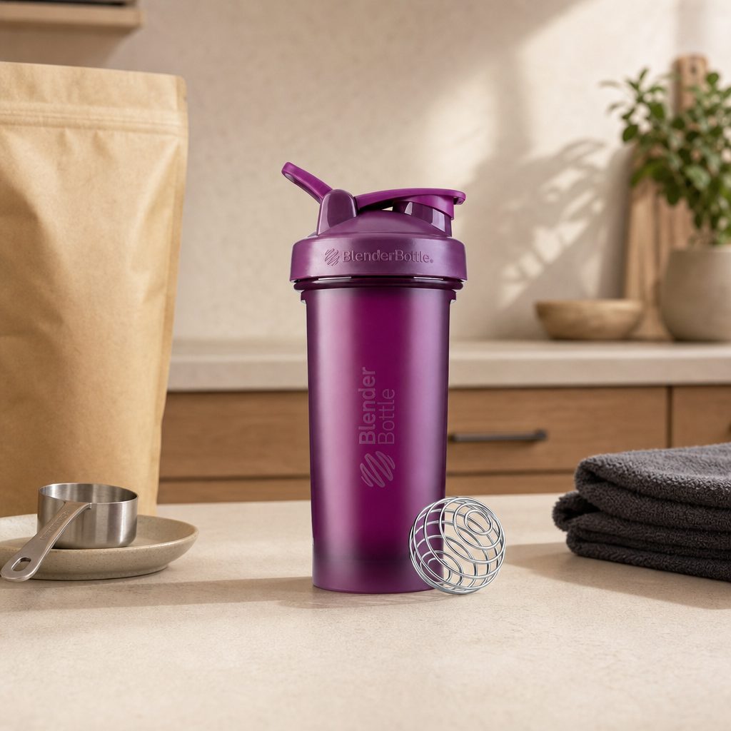 BlenderBottle Classic 28oz Plum bottle beside protein powder and workout gear