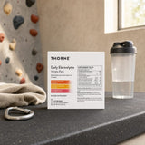 Thorne Research Daily Electrolytes Variety Pack stick pack mixed into a water bottle