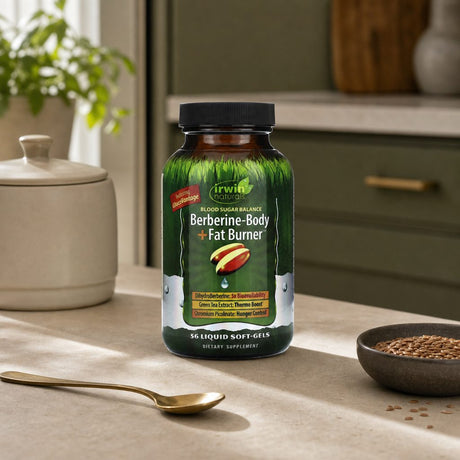 Irwin Naturals Blood Sugar Balance Berberine-Body + Fat Burner bottle with formula highlights