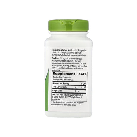 Nature's Way Ginger Root 180 capsules supplement facts panel listing ingredients, dosage, and serving size