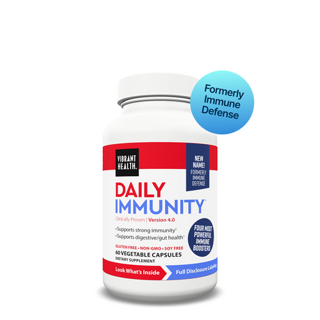 Vibrant Health Daily Immunity, formerly Immune Defense, 60 vegetable capsules, white bottle with red and blue label