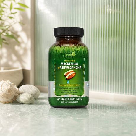 Irwin Naturals Triple-Source Magnesium + Ashwagandha bottle in a wellness lifestyle setting