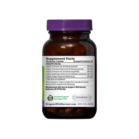 Oregon's Wild Harvest Echinacea Goldenseal allergen panel noting no gluten, dairy, or soy