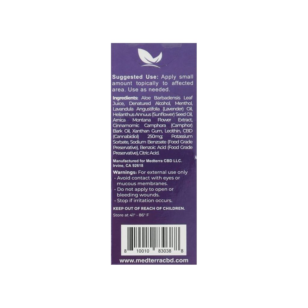 Medterra CBD Rapid Cooling Roll-On 250mg label panel listing ingredients, directions, and warnings