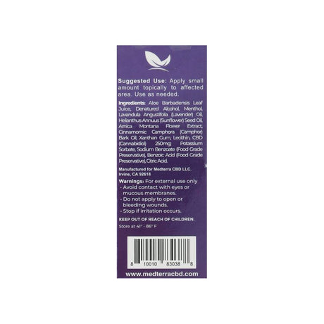 Medterra CBD Rapid Cooling Roll-On 250mg label panel listing ingredients, directions, and warnings