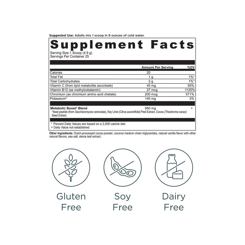 Ancient Nutrition Active Peptides Metabolism Powder Chocolate supplement facts panel with ingredients and serving size
