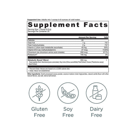 Ancient Nutrition Active Peptides Metabolism Powder Chocolate supplement facts panel with ingredients and serving size